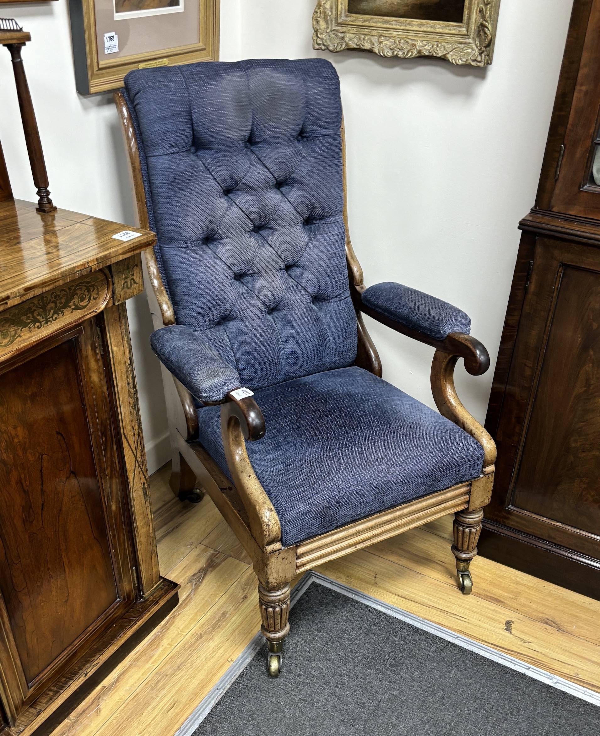 A William IV Patent mahogany adjustable armchair, stamped G. Minter, width 66cm, depth 66cm, height 106cm